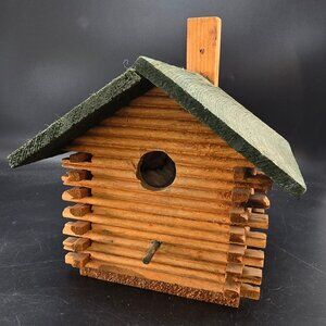 Wooden Log Cabin Birdhouse With Green Roof And Perch Rustic Handcrafted CM2247